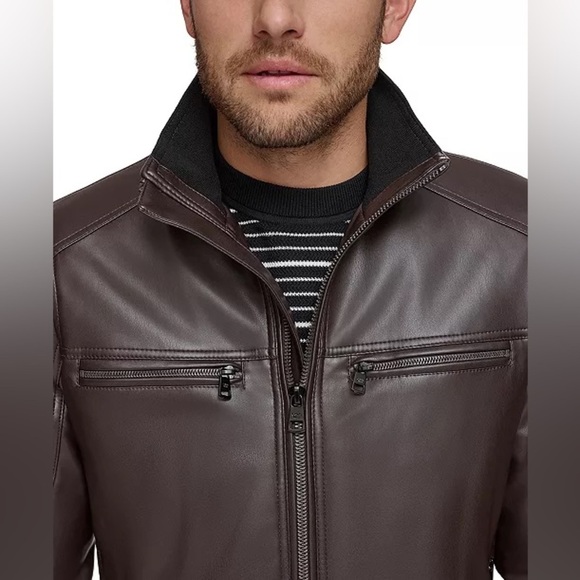 Calvin Klein Dark Brown Faux Leather Moto Jacket - Picture 16 of 16